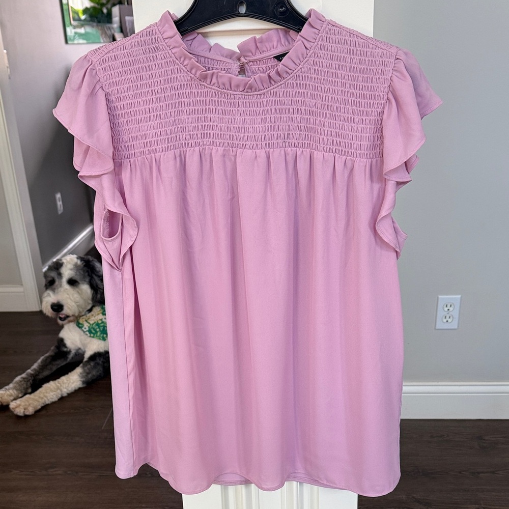 Ann Taylor Pink Smocked Yoke Ruffle Sleeve Blouse Medium